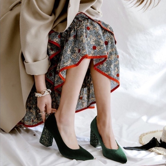 Velvet Sparkle Chunky Heel Holiday Pumps 3 Colors - Picture 3 of 8